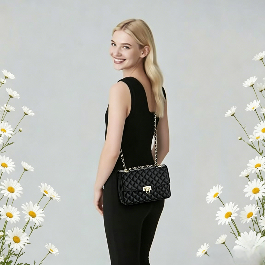 Quilted Crossbody Bag for Women, Vegan Leather Small Shoulder Purse with Chain Strap,Medium Clutch Handbag