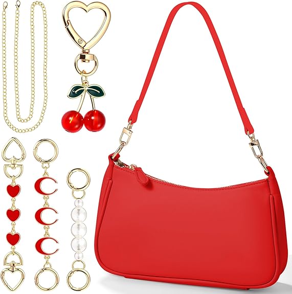 6 Pcs Shoulder Purse for Women with 3 Extender Chain Cherry Charm Small Leather Bag Handbag Tote Kit Birthday Gift