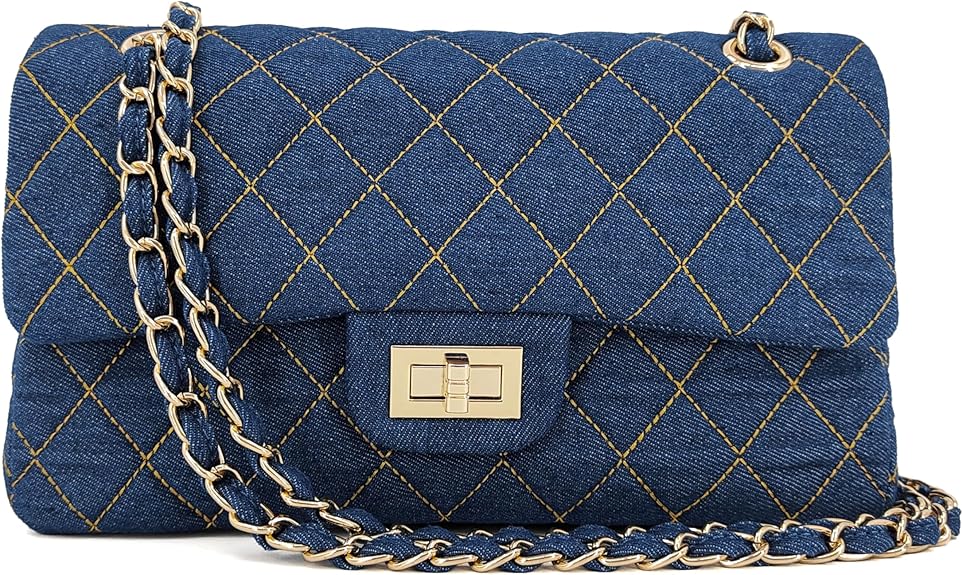 Quilted Denim Crossbody Bags for Women, Chain Strap Shoulder Bags, Medium Double Flap Purse, Gold Hardware Jean Purse